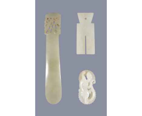  A Chinese white jade archaic style pendant,    bu  , 5cm high;  a Chinese celadon jade hair ornament  , 11.5cm high and  a C