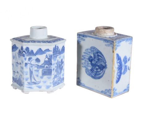  A Chinese blue and white hexagonal tea caddy  , late 18th or 19th century, painted with boats and landscapes, 14cm high;  an