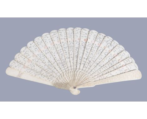 Ω A Chinese ivory brise fan, Canton, first half of 19th century, each pierced stick carved on both sides in shallow relief wi