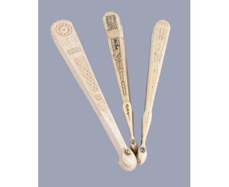  Three Chinese bone brise fans,   second half of the 19th century, each pierced stick intricately carved with floral designs,