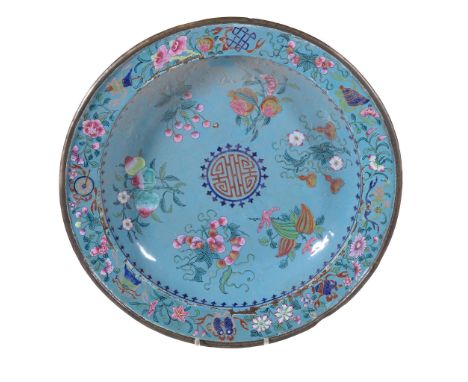  A large Canton enamel dish,   late 18th or 19th century,  with central   shou   symbol, 41.5cm wide  
