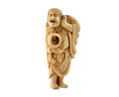 Ω A Japanese ivory netsuke of a Sennin standing crying out, one hand raised to his face while holding a large peach containin