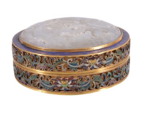  A Chinese white jade and enamel circular box and cover,   carved with three birds on a pierced floral ground, enclosed withi