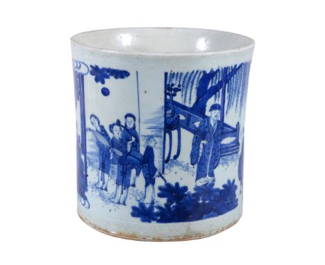  A Chinese blue and white brush pot,     bitong  , the cylindrical body painted around the exterior in rich cobalt-blue tones