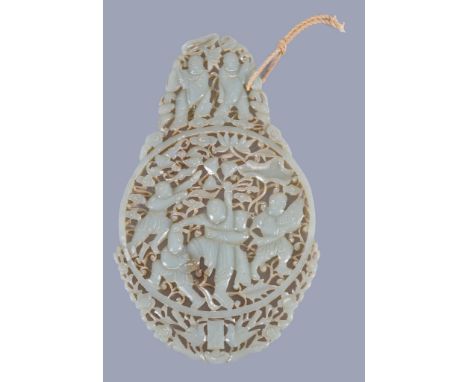  A Chinese celadon jade plaque,   the centre carved with a man and four boys, the top carved with two further figures, 20th c