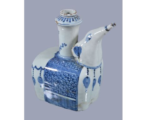  A Chinese blue and white elephant Kendi,   Wanli or later, modelled as an elephant supporting a tall cylindrical vase formin