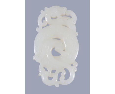  A Chinese white jade 'chilong' pendant  , with a single dragon and young entwined around an annular motif, 6.3cm high x 3.5c