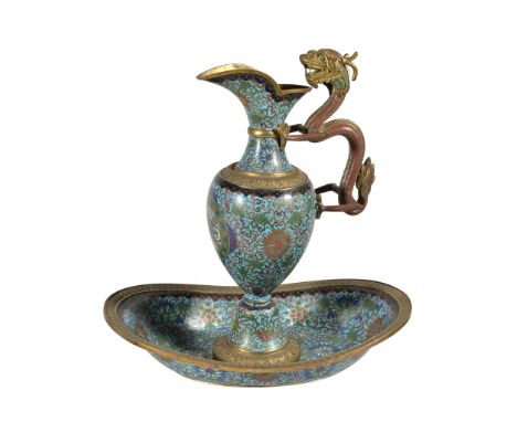  A Chinese cloisonné ewer and stand  , late Qing Dynasty, inlaid with a central roundel on complex scroll border on turquoise