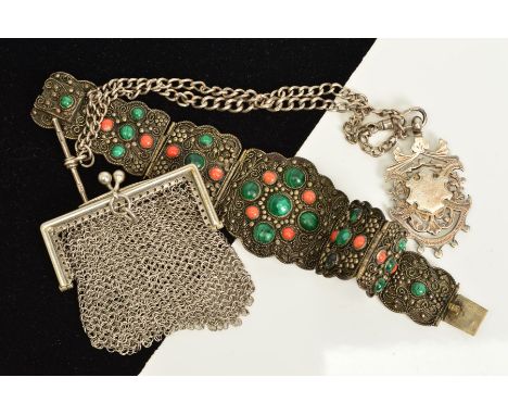 THREE ITEMS, to include a Chinese panel bracelet set with coral and malachite circular cabochons, a late Victorian silver med