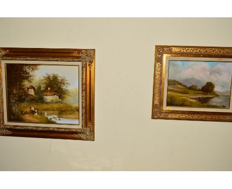 LES PARSON (BRITISH 20TH CENTURY), a rural scene of children fishing before cottages, signed bottom left, acrylic on canvas, 