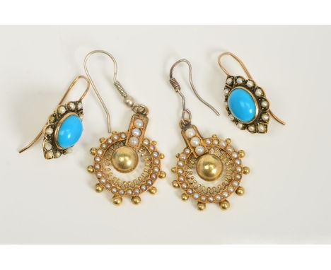 TWO PAIRS OF EARRINGS, the first designed as a circular early 20th Century panel set with split pearls, suspending a central 