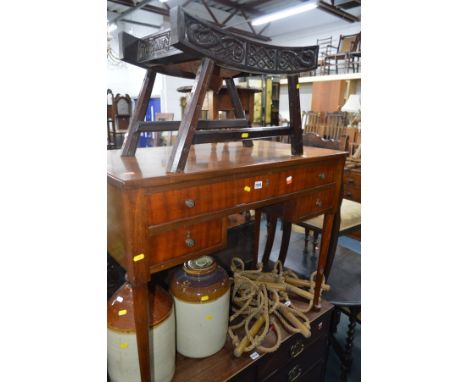 A MAHOGANY SIDE TABLE with one long drawer over two short and standing on cabriole legs with pad feet, width 95cm x depth 51c