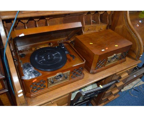 TWO ZENNOX RETRO MUSIC PLAYERS with turntable, CD player, radio and auxiliary input both in an oak finish