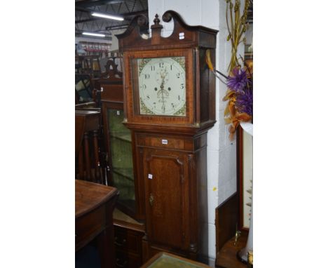 A GEORGIAN OAK AND MAHOGANY BANDED EIGHT DAY LONGCASE CLOCK, the hood with a swan neck pediment and flanked by fluted columns