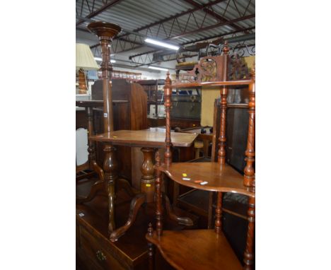 A GEORGIAN MAHOGANY SQUARE TILT TOP TRIPOD TABLE, width 52cm  x depth 70cm  x  height 70cm, a mahogany Torchere stand 114cm h