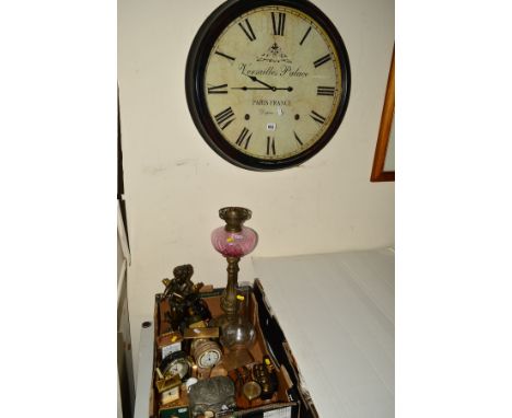 VARIOUS SUNDRY ITEMS, to include modern wall clock (Versaille Palace), Wedgwood 'Clio' timepiece, alarm clocks, oil lamp with