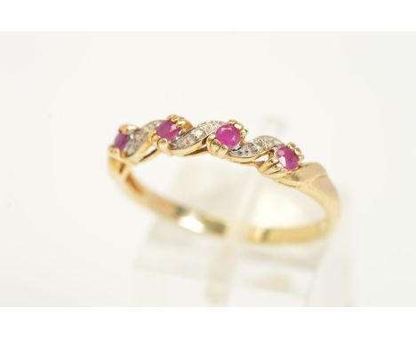 A 9CT GOLD RUBY AND DIAMOND RING, designed with a row of four circular cut rubies with single cut diamond cross over spacing 