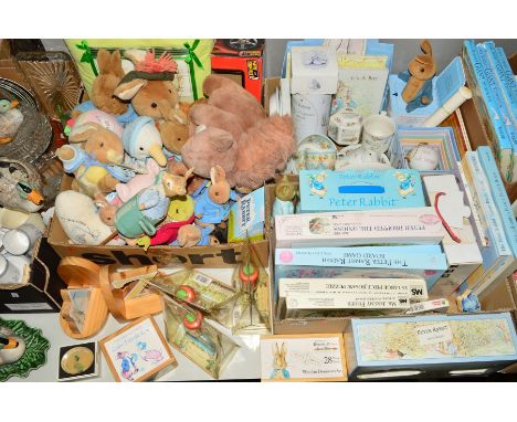 THREE BOXES AND LOOSE BEATRIX POTTER ITEMS, to include soft toys, Peter Rabbit, Squirrel Nutkin, Jemima Puddleduck, Jeremy Fi