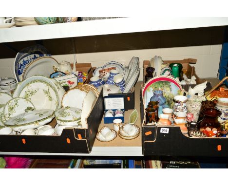 FIVE BOXES OF MOSTLY CERAMICS, some glassware including Doulton Burslem part dinner service, Staffordshire china 'Hunting' sc