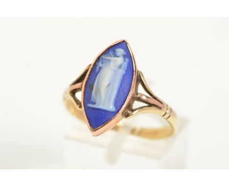 A WEDGWOOD CAMEO RING, the cameo of navette shape within collet mount to the trifurcated shoulders, stamped 9ct, ring size S,