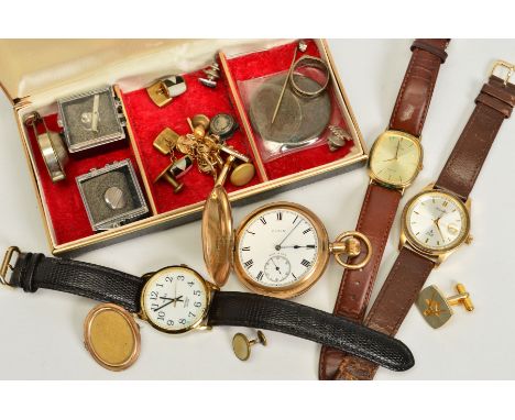 A SMALL BOX OF WATCHES AND JEWELLERY, to include a gold plated Elgin pocket watch, Timex, Lorus and Accurist wristwatches, an