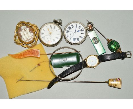 A SELECTION OF ITEMS, to include a late Victorian swivel cameo brooch depicting the three graces, with sepia photograph to th