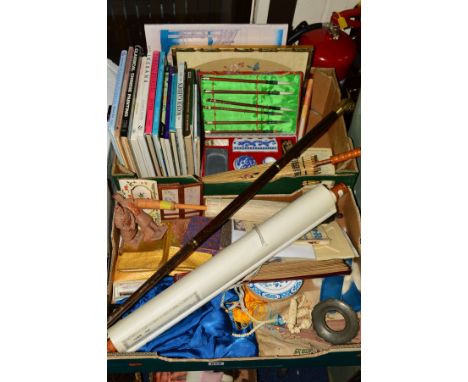 TWO BOXES AND LOOSE SUNDRY ORIENTAL ITEMS to include Japanese paintings, embroidery and woolwork, cased calligraphy set, incl