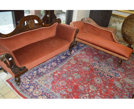 A LATE 19TH CENTURY MAHOGANY TWO SEATER SETTEE, width 199cm together with a similar pitch pine framed chaise longue (2)