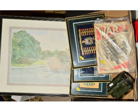 A MILITARY INTEREST LOT to include a large print in frame '3 RTR Tidworth', three smaller glazed frames with Crests Battle ho