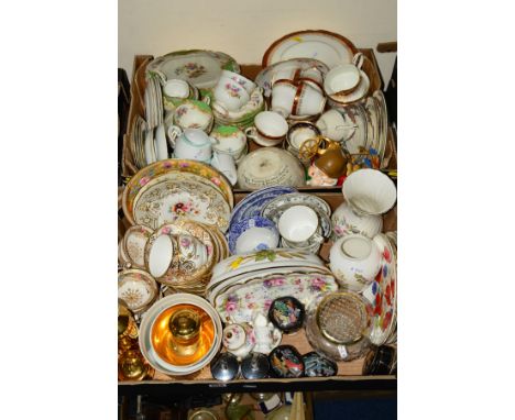 TWO BOXES OF CERAMICS AND GLASSWARE, to include various part teasets (Paragon, Duchess, Spode, Crown Ducal, early Edwardian e