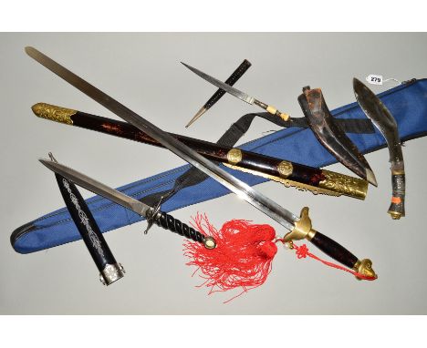 A SELECTION OF BLADED WEAPONS AS FOLLOWS, flimsy bladed sword, of Asian origin in scabbard with scabbard and canvas bag, brig