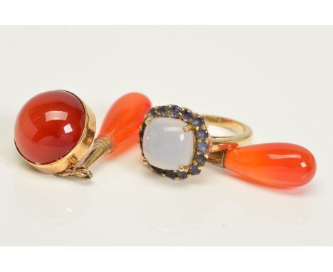 A 9CT GOLD GEM RING, A PAIR OF CARNELIAN DROPS AND A SINGLE EARRING, the ring designed as a central square chalcedony cabocho