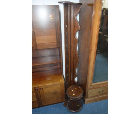 A STAINED PINE WALL MOUNTED COAT HOOKS/SHELF, width 128cm and an oak log bucket (2)