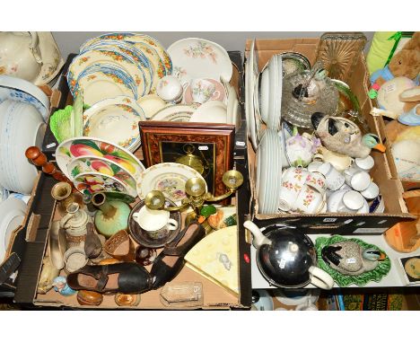 THREE BOXES AND LOOSE CERAMICS, GLASSWARE, SUNDRIES etc, to include a pair of childrens Victorian clogs, Alfred Meakin dinner