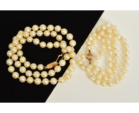 TWO CULTURED PEARL NECKLACES WITH 9CT GOLD CLASPS, both designed as single rows of near uniform cultured pearls, the first wi