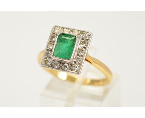 AN EMERALD AND DIAMOND CLUSTER RING, designed as a central emerald cut emerald within a brilliant cut diamond surround, estim