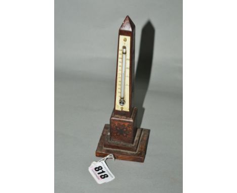 A TUNBRIDGE WARE DESK THERMOMETER, of obelisk form, with stepped base, height approximately 19cm (a/f)