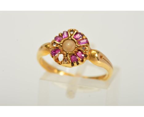 AN EARLY 20TH CENTURY 18CT GOLD GEM RING, designed as a central split pearl within a diamond and ruby surround, one ruby miss