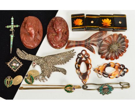 A SELECTION OF JEWELLERY, to include a marcasite eagle brooch, a square pietra dura floral brooch, a sword shaped jabot pin s