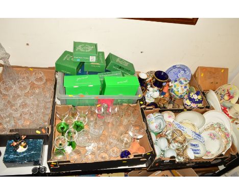 SIX BOXES AND LOOSE CERAMICS, LETTER RACK, GLASS, etc, to include empty Beswick boxes, cut glasses, Kaiser colbalt blue vase 