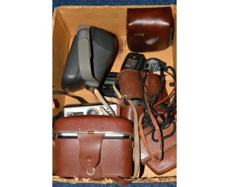 A BOX OF CAMERAS etc to include Polaroid Cool cam, Kodak EK100 instant camera, Kodak signet 35 Halina, View Master, Kodak Ins