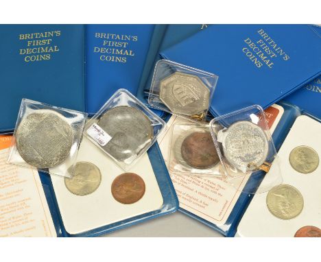 A PACKAGE CONTAINING TEN BASIC 1971 FIRST DECIMAL SETS, together with commemorative coins