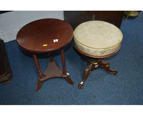 A VICTORIAN WALNUT SWIVEL TOP PIANO STOOL together with an occasional table (2)