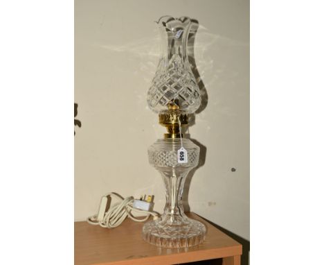 A WATERFORD CUT LEAD CRYSTAL OIL LAMP SHAPED TABLE LAMP, 'Inishturk' design, total weight 56cm