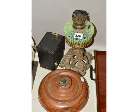 A CAST OIL LAMP, glass reservoir (no funnel or shade), height 28cm, together with Kodak No2 Brownie and a copper circular war