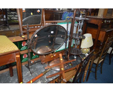 EIGHT ITEMS OF OCCASIONAL FURNITURE including two swing mirrors, a warming pan, cake stand, brass fire screen, companion set,