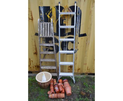 A SET LOF ALUMINIUM STEP LADDERS, together with a set of wooden step ladders, a glazed brown circular planter, cone ornament 