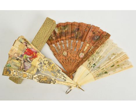 THREE DECORATIVE FANS, the first designed as pierced bone sticks to the paper leaf depicting a Victorian family dining outsid