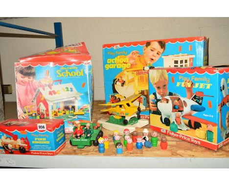 A COLLECTION OF FISHER PRICE CHILDRENS TOYS to include boxed Action Garage, boxed School, boxed Fun Jet, boxed Fire Engine, u