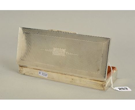 A GEORGE VI SILVER RECTANGULAR CIGARETTE BOX, engine turned and inscribed hinged cover, makers H Bross Birmingham, 1939, widt